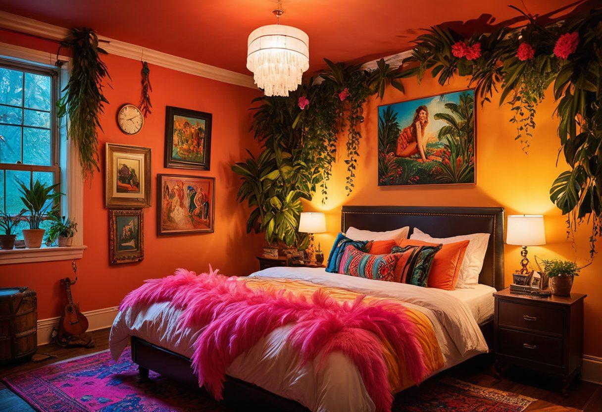 A whimsical scene featuring a couple exploring a vibrant and eclectic bedroom filled with playful and adventurous decor, such as colorful bondage gear, whimsical art on the walls, and a variety of feather boas. The couple, exuding confidence and curiosity, are playfully engaging in a gentle embrace, surrounded by soft lighting and a cozy atmosphere. The room is adorned with plants and candles, enhancing the intimate feel of the space. A hint of sensuality is present, inviting viewers into their adventurous world. vibrant colors. cozy atmosphere. whimsical art.