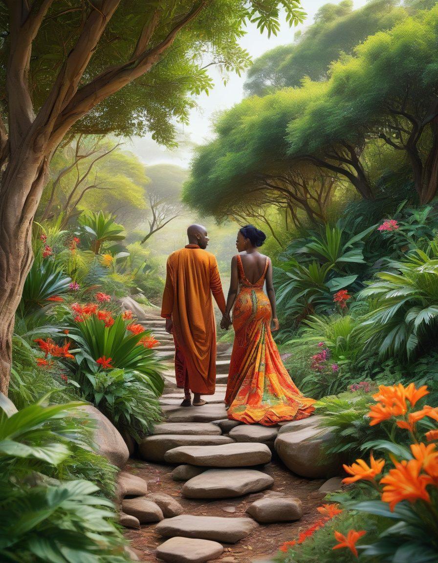A captivating scene depicting an elegant, adventurous couple exploring a lush, vibrant African landscape, embracing intimacy and spontaneity. Surround them with elements that reflect diverse cultural motifs, such as colorful textiles, traditional artifacts, and exotic flora. Include subtle hints of adventure and exploration, like a winding path or a hidden treasure in the background. The mood should be warm and inviting, radiating positive energy and connection. super-realistic. vibrant colors. 3D.
